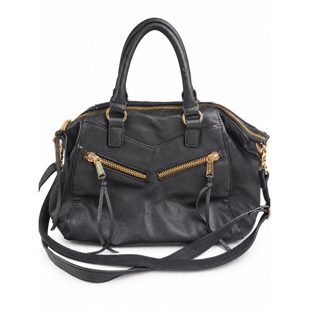 Vintage Y2K Black Faux Distressed Leather Moto Grunge Side Zip Shoulder Bag